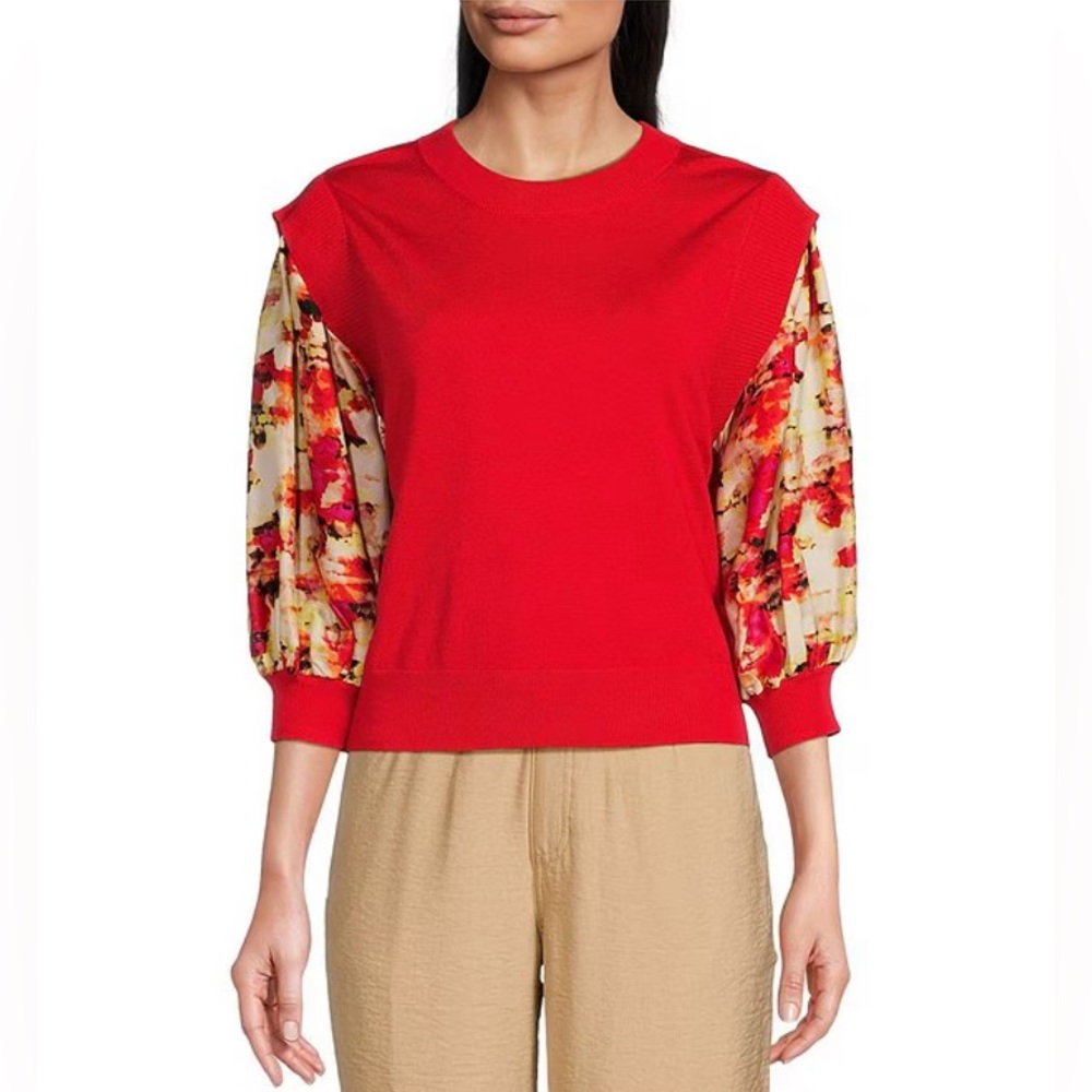 DKNY Mixed Media‎ Printed Satin 3/4 Sleeve Ribbed Hem Crew Neck Knit Top, Large